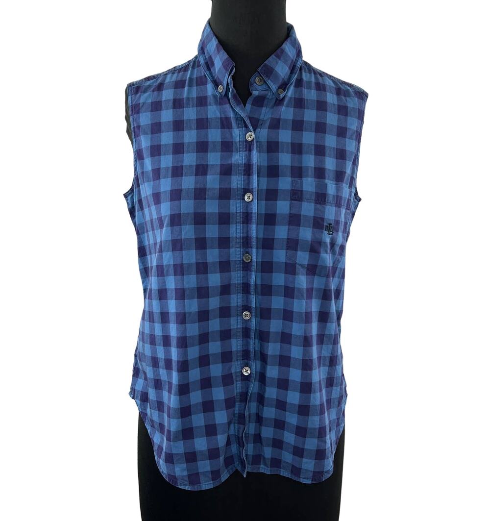 Lauren Ralph Lauren Blue Check Plaid 100% Cotton Button-Up Sleeveless Shirt 10P